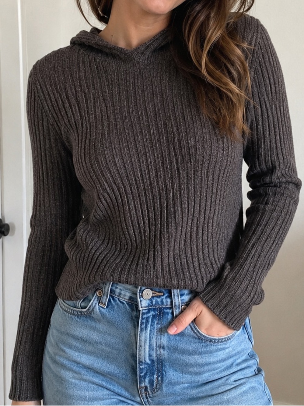 Banana Republic Gray Extra Fine Merino Wool Pullover Ribbed Hoodie Medium